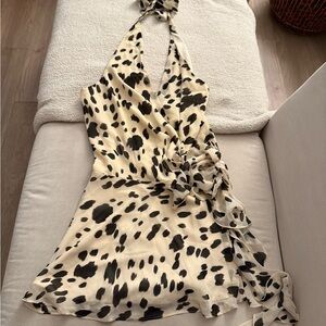abercrombie and fitch draped halter mini dress in cow print